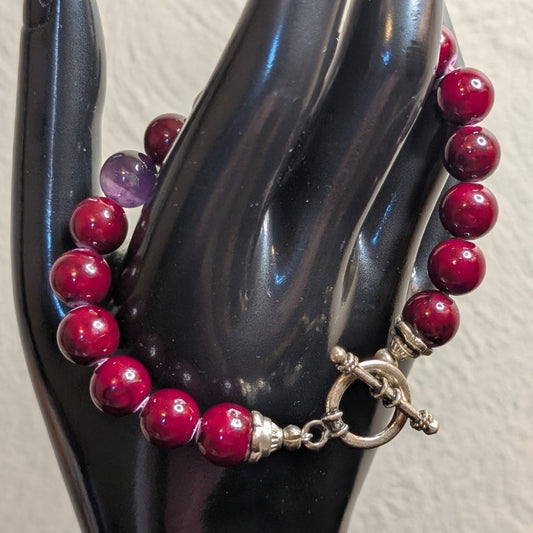 Wine Glass Bead & One Amethyst Stone Bead Non Magnetic Toggle Clasp Bracelet