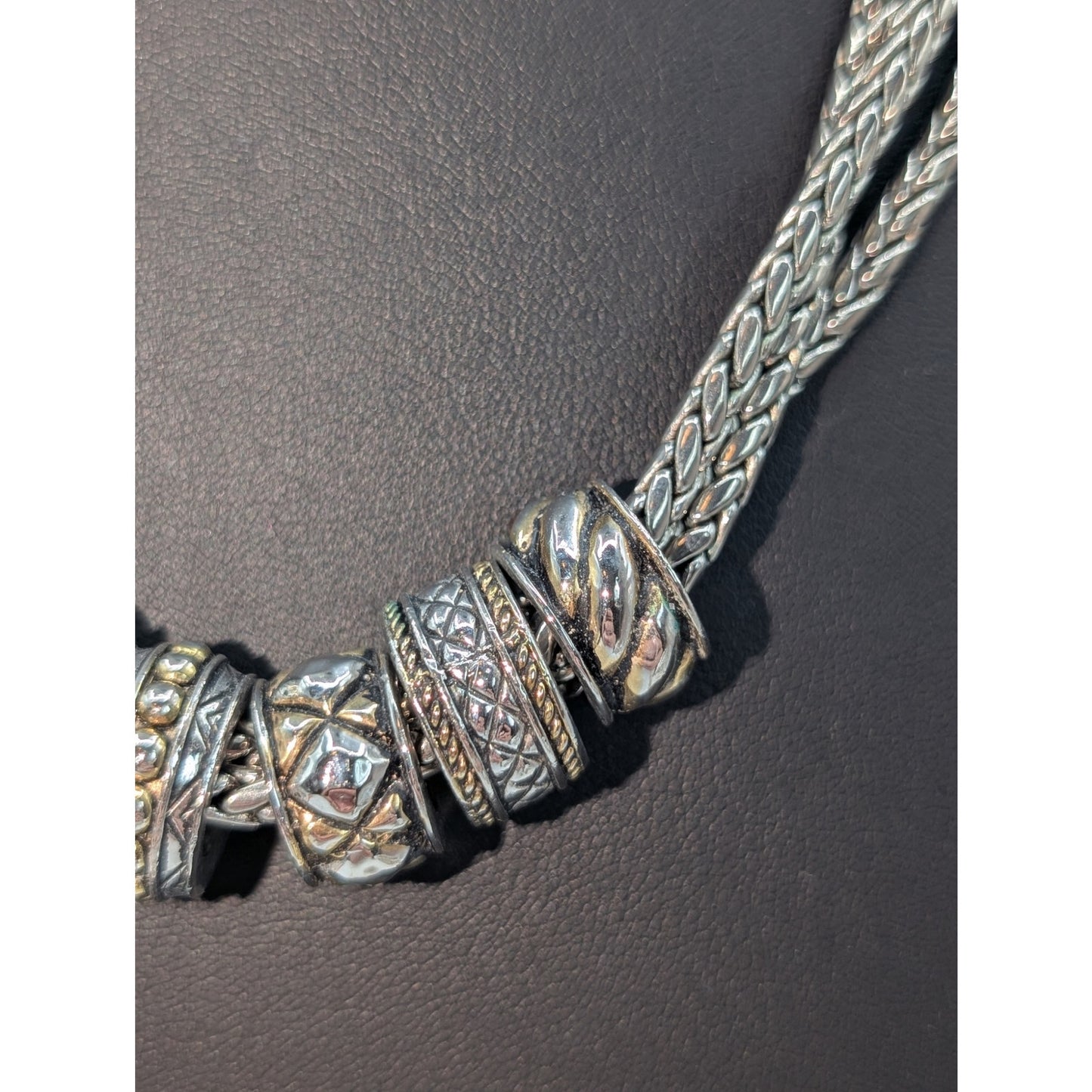 Chico's Silver Tone Triple Braided Chain Multi-Texture Rondelle Bead Necklace
