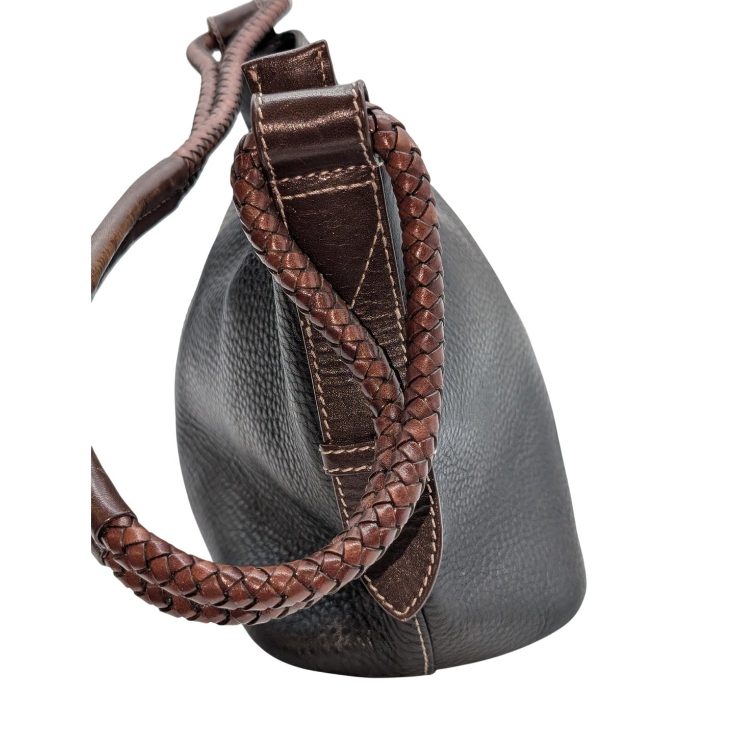 Vintage Fossil Black Brown Pebbled Leather Braided Handle Shoulder Bag