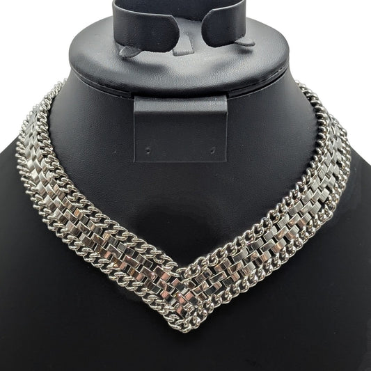 Vtg Silver Tone 3/4" Wide V Basketweave Curb Surround Chain Collar 15" Necklace