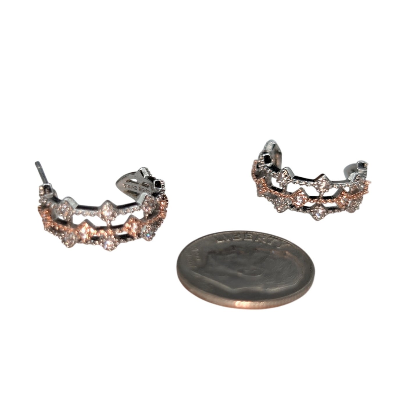 PAJ 925 Sterling Rose & Silver CZ Fancy Half Hoop Earrings