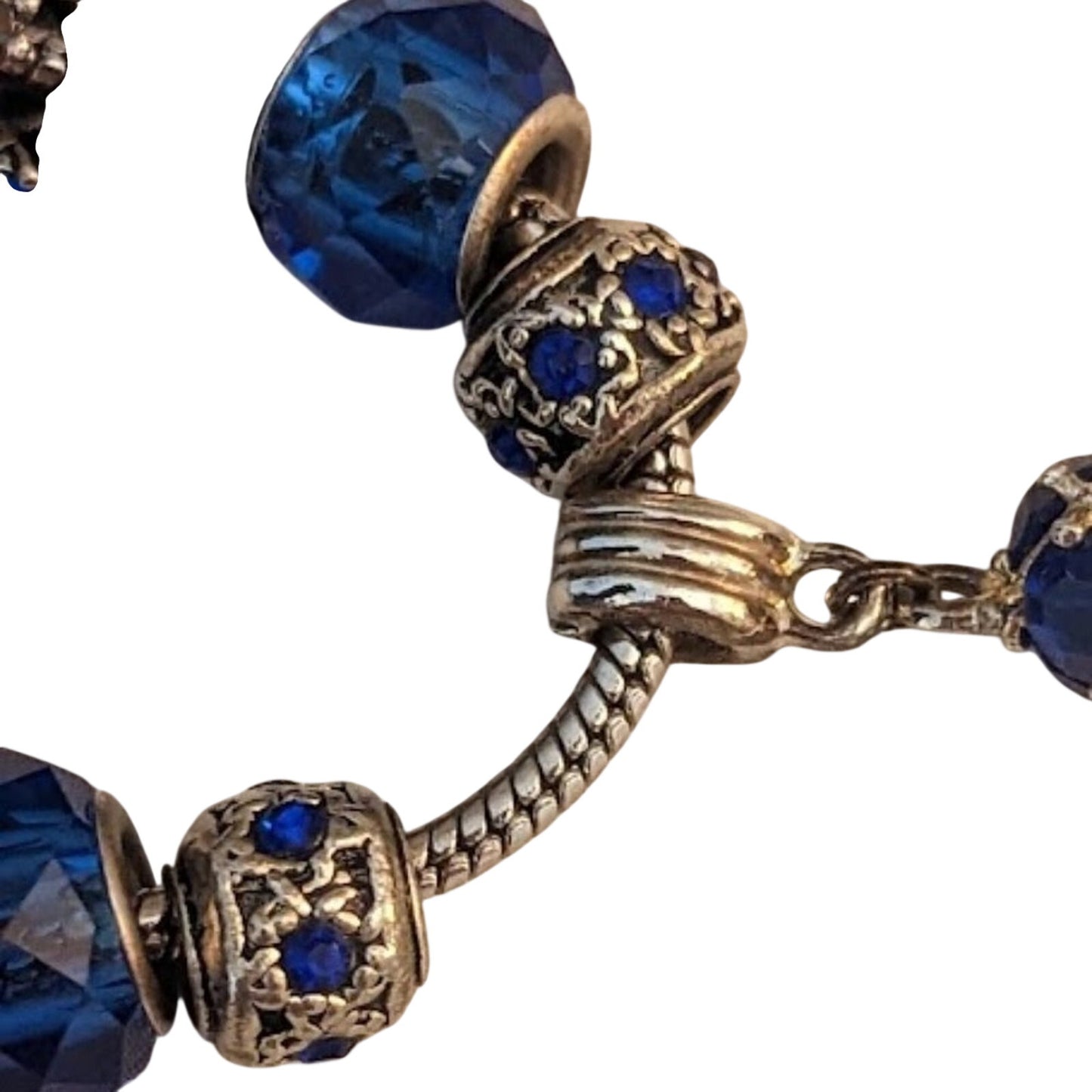 Charm Bracelet With Blue Crystal Beads in Silver Tone Metal with Safety Chain