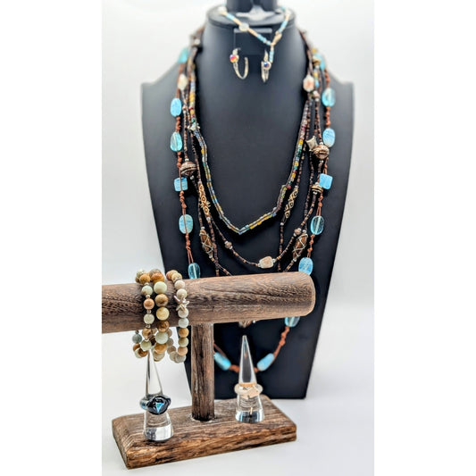 Beachy Boho Blue Brown Stone Glass Beaded 10 Pc Mixed Jewelry Lot