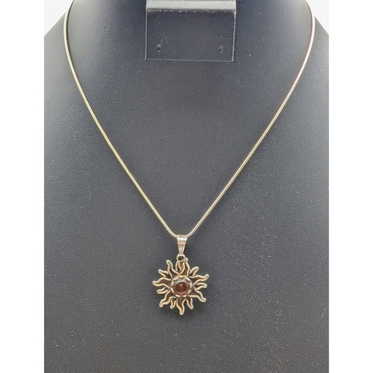 Vtg 925 Sterling Silver Amber Color Stone Sunburst Pendant 16" Chain Necklace