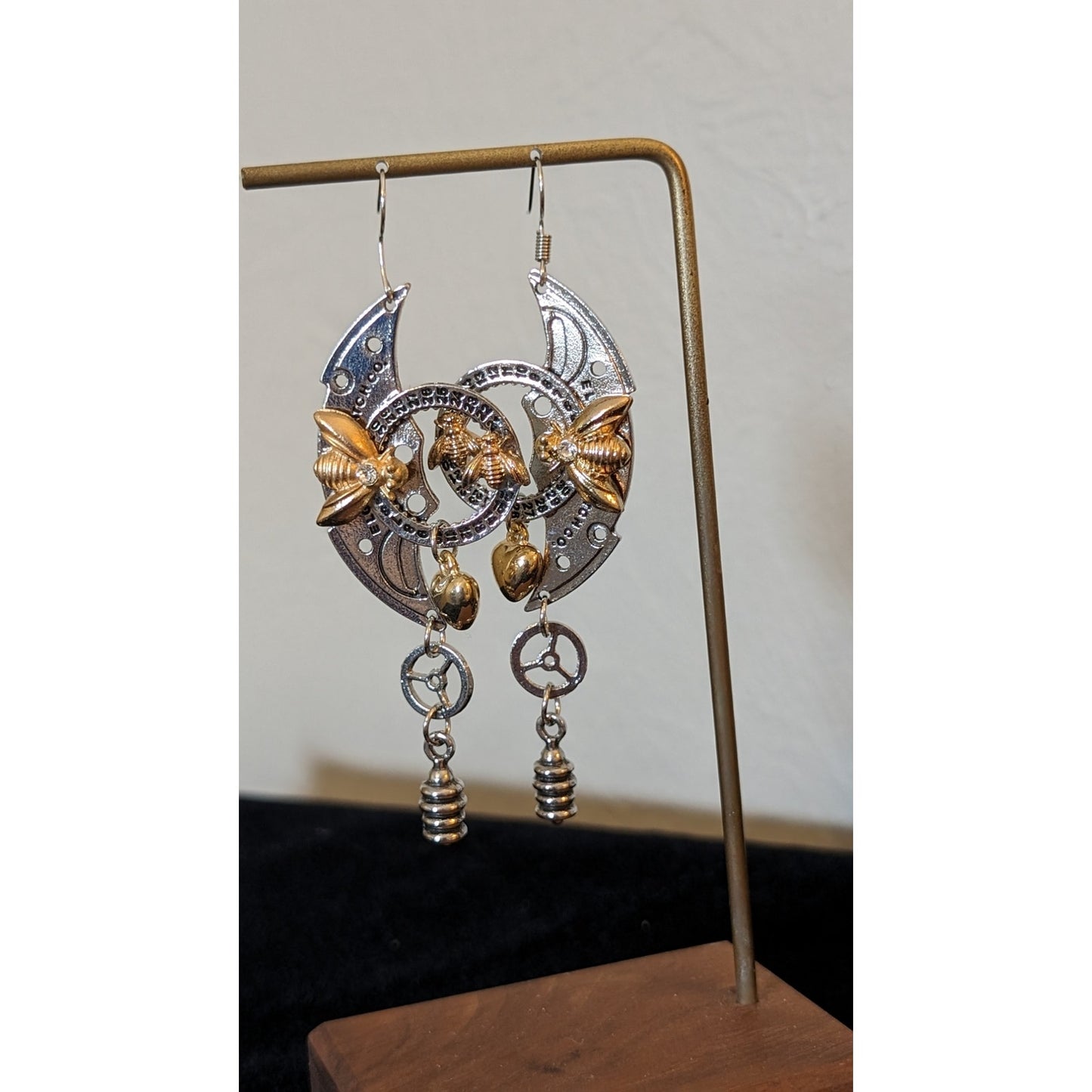 Steampunk Mechanical Clock Bee Gear Heart Two Toned Large Statement Earrings