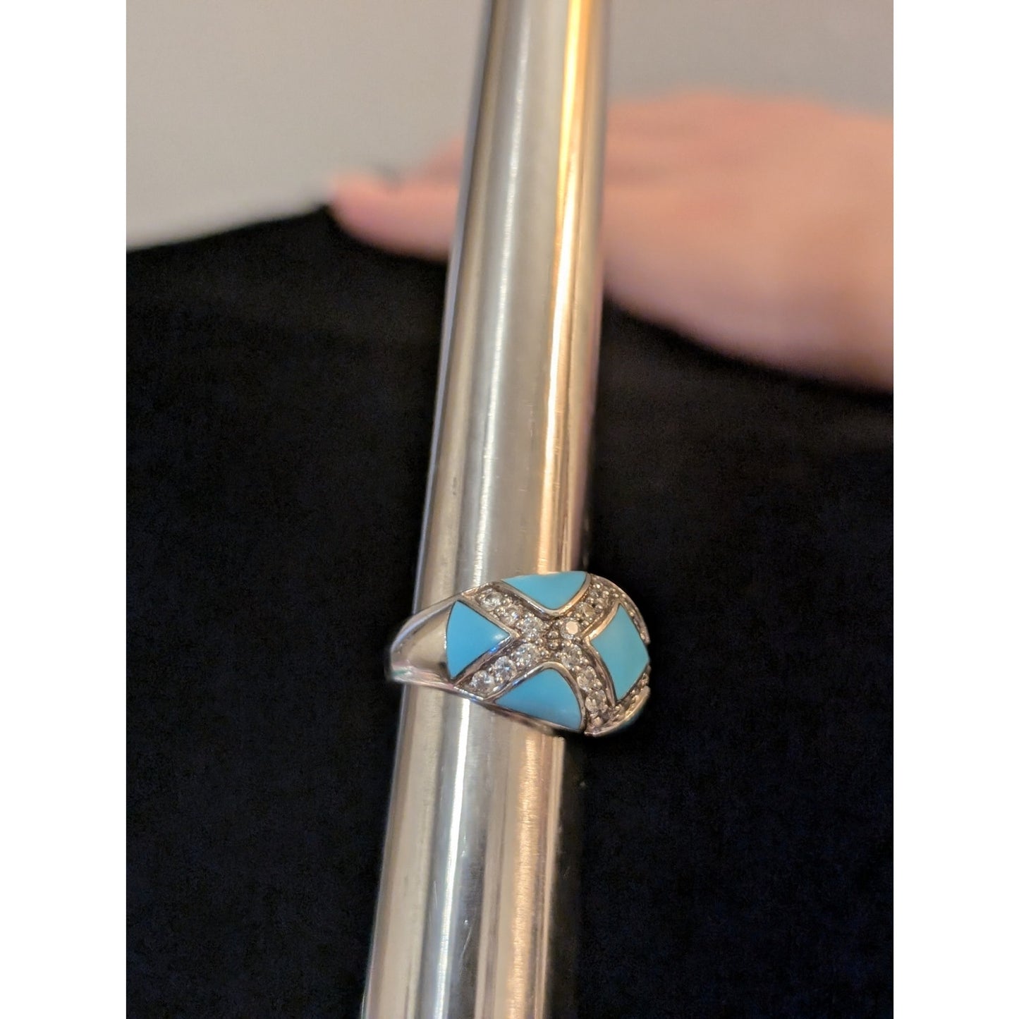 Turquoise Enamel & Pave Set Criss Cross CZ Sterling Silver Domed Ring Size 6.75