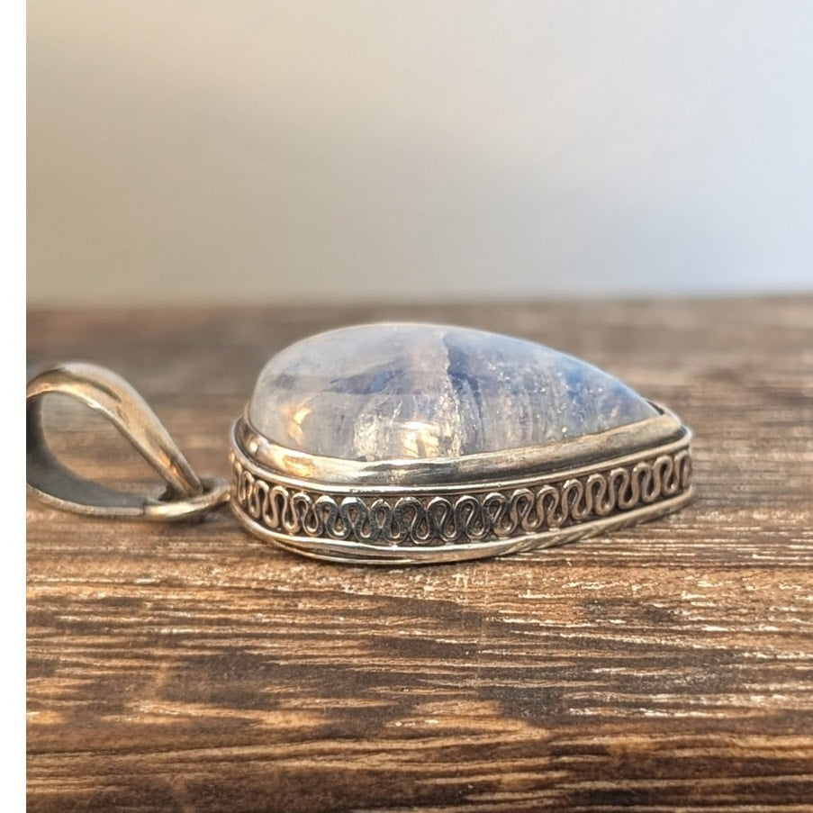 Blue Moonstone Teardrop Bali Wire Solid 925 Sterling Pendant Rope Chain Necklace