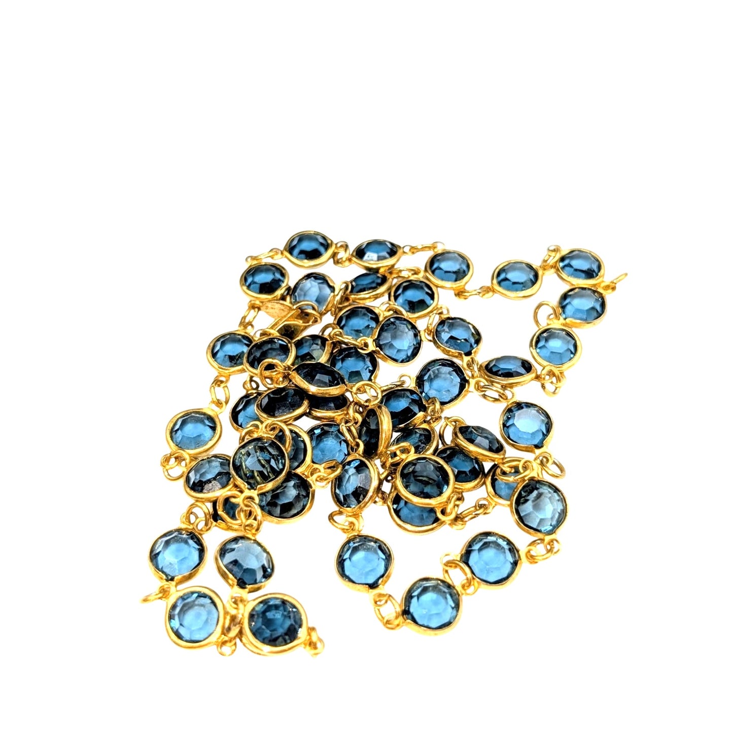 Vintage Austrian Crystal USA Gold Tone Bezel Set Blue Crystal Chain 36" Necklace