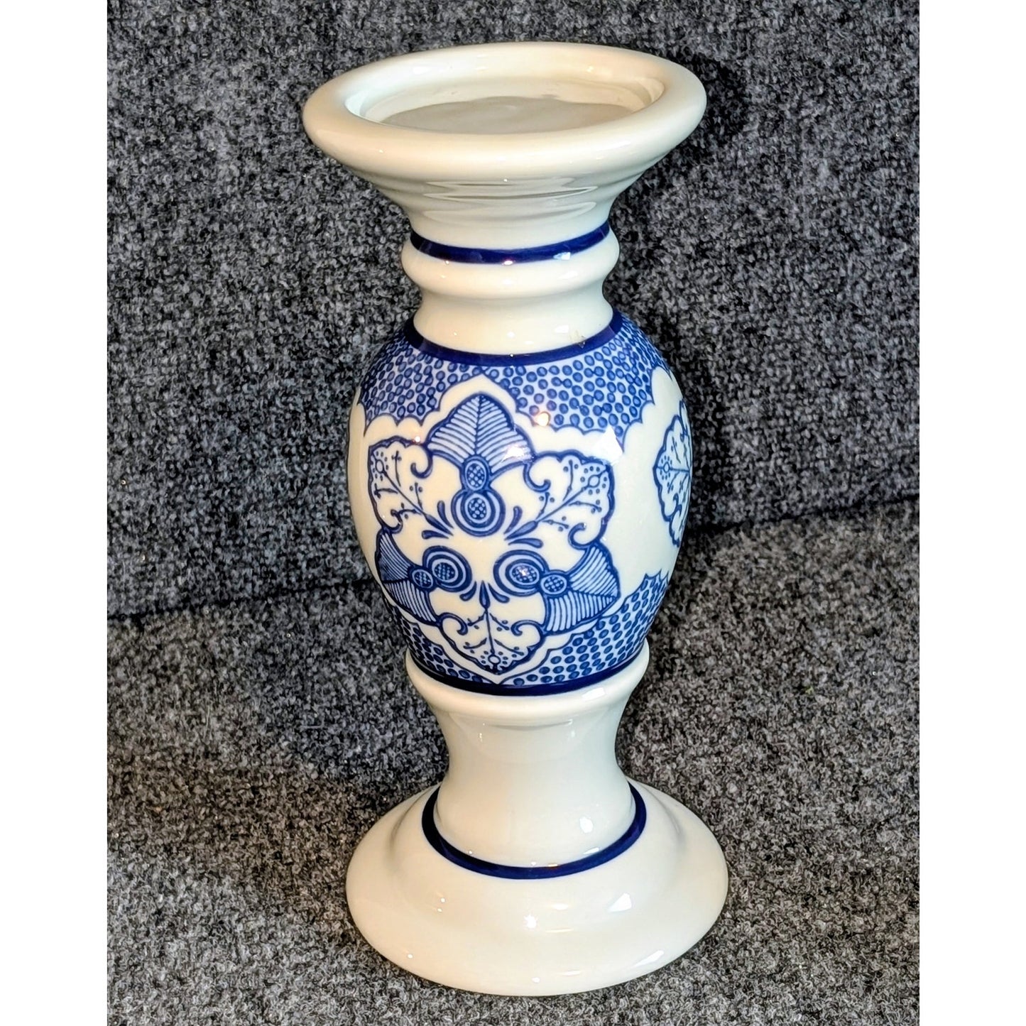 Vintage Porcelain Chinoiserie Blue & White Floral Mosaic Pillar Candle Holder