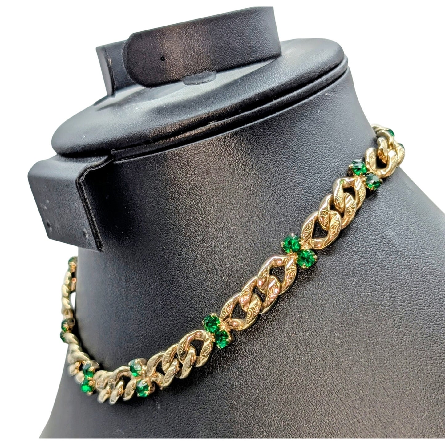 VTG Brookraft Emerald Green Rhinestone Embossed Goldtone Chain Choker Necklace