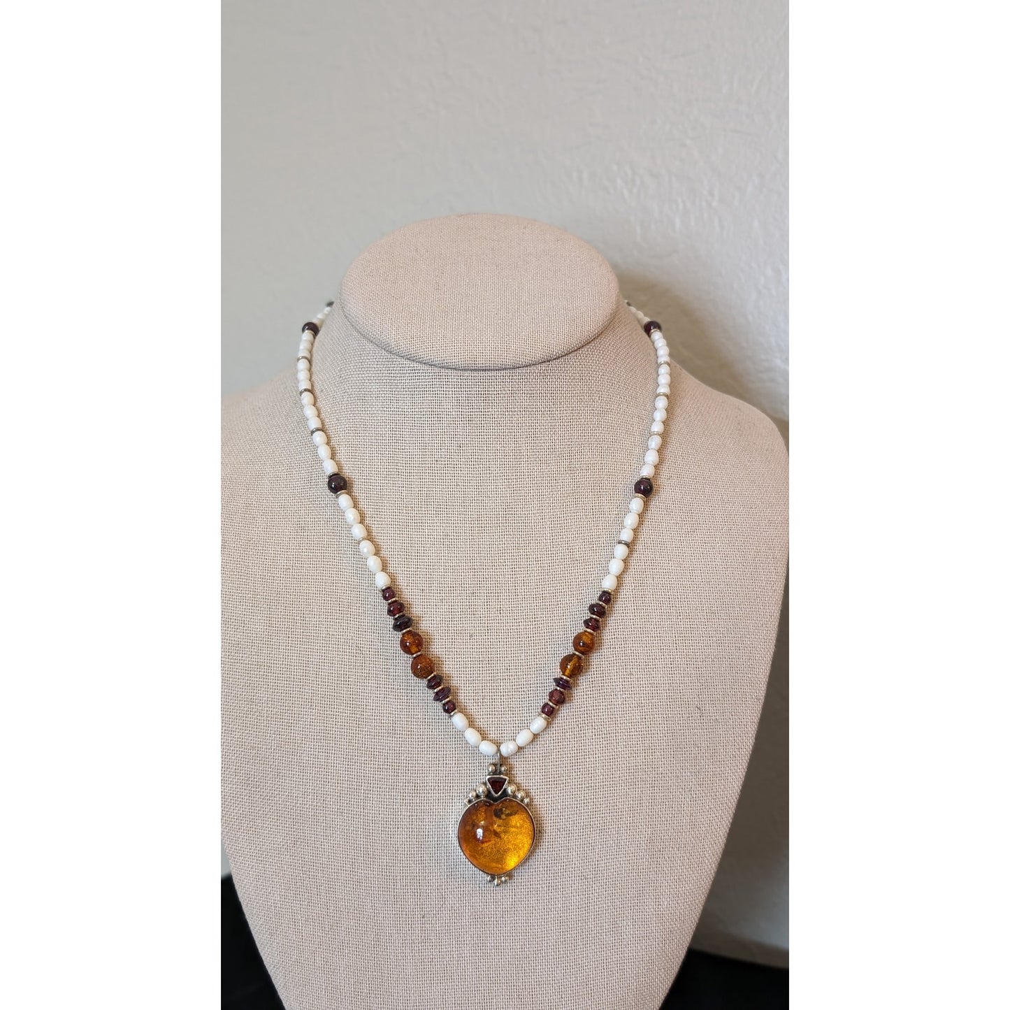 DEL Sterling Amber Heart Amber Garnet Freshwater Pearl Pendant Necklace