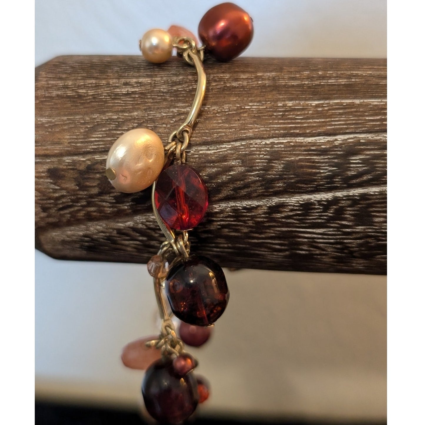 Gold Tone Colored Pearl Crystal Glass Amber Bead Scalloped Bar Toggle Bracelet
