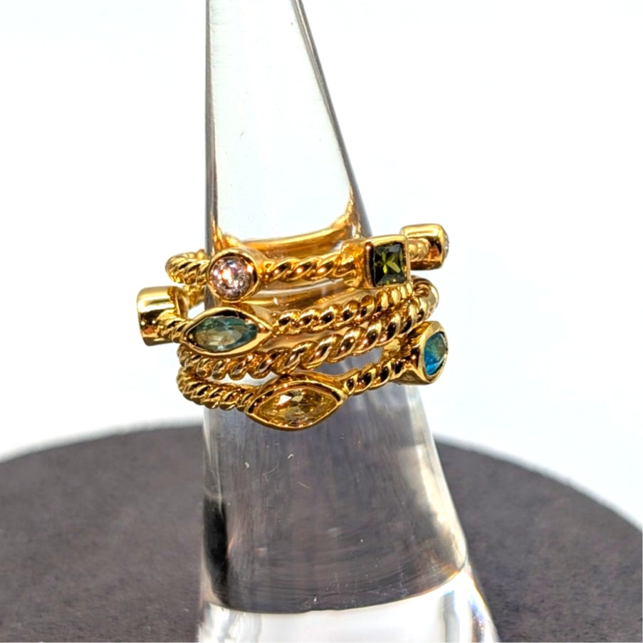 Four Stackable 925 Sterling Vermeil Bezel Set Crystal Gold Tone Rope Band Rings