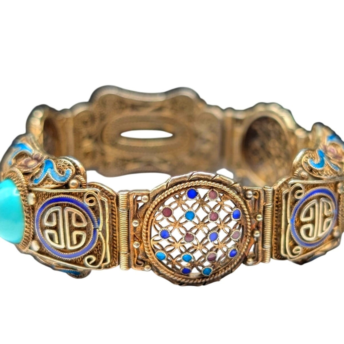 Antique 1900 Chinese Export .900 Silver Gilt Filigree Turquoise Enamel Bracelet