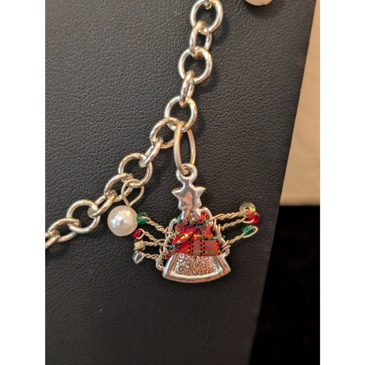 Coldwater Creek Holiday Christmas Tree Faux Pearl Silver Tone Long Necklace