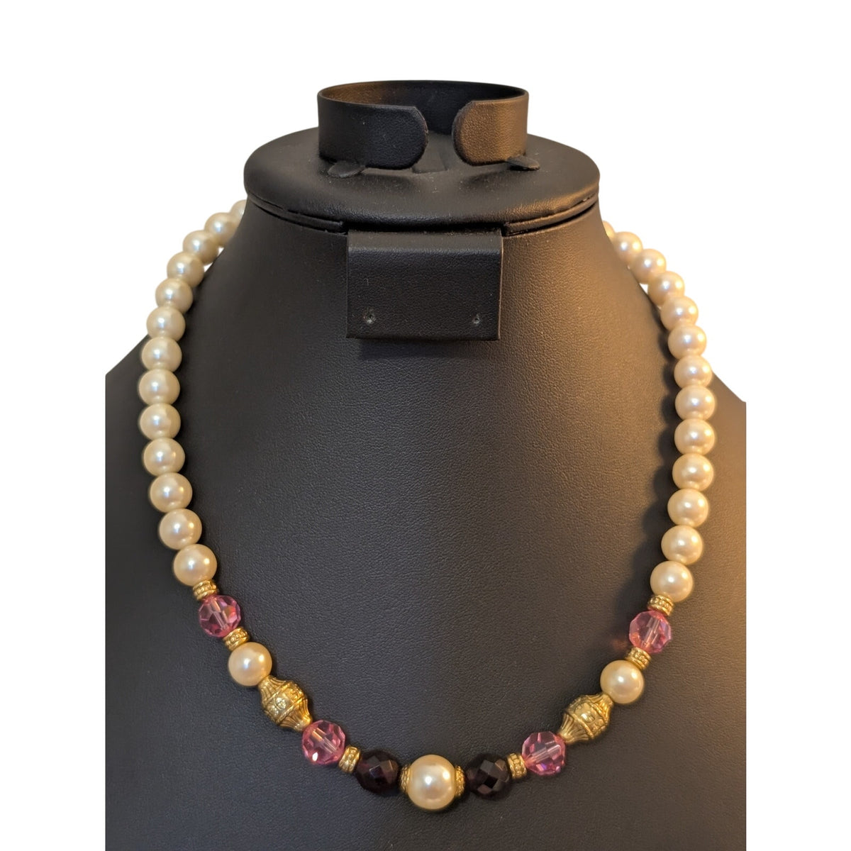1928 Faux Pearl Purple Pink Gold Bead 17"-19.5" Necklace