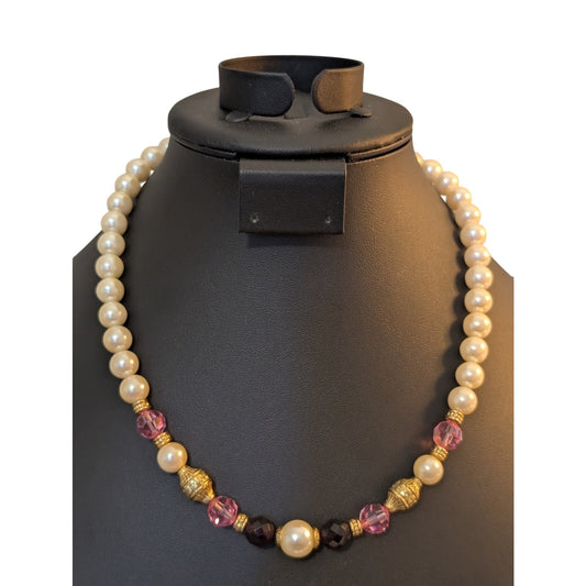 1928 Faux Pearl Purple Pink Gold Bead 17"-19.5" Necklace