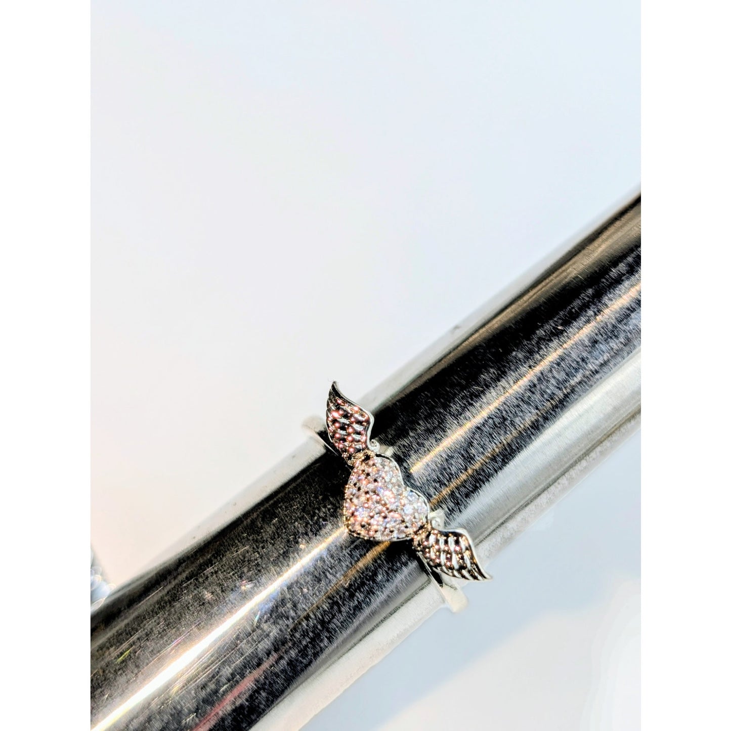 Pave CZ Heart Wing Silver Tone Ring Size 7.75