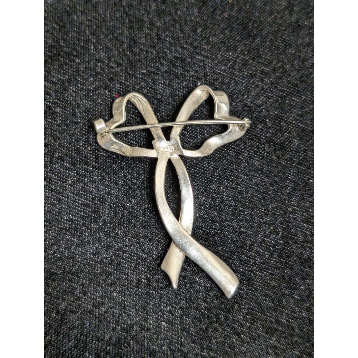 Vintage 925 Sterling Silver Ruffly Heart Ribbon Bow Brooch