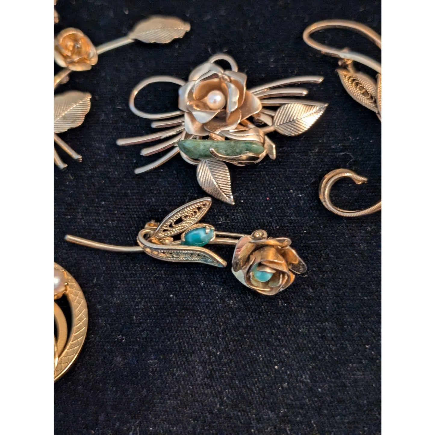 Lot of Six Vintage Gold Tone Rose Filigree Leaf Collage of Brooches