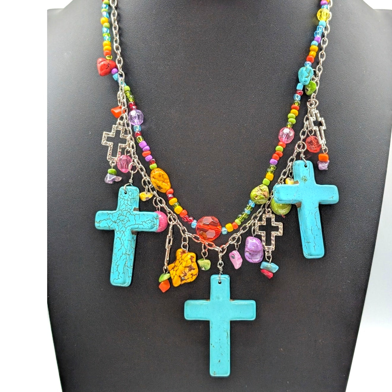 Howlite Multi-Color Beaded Dangling Crosses Necklace & Kairos Wire Wrap Bracelet