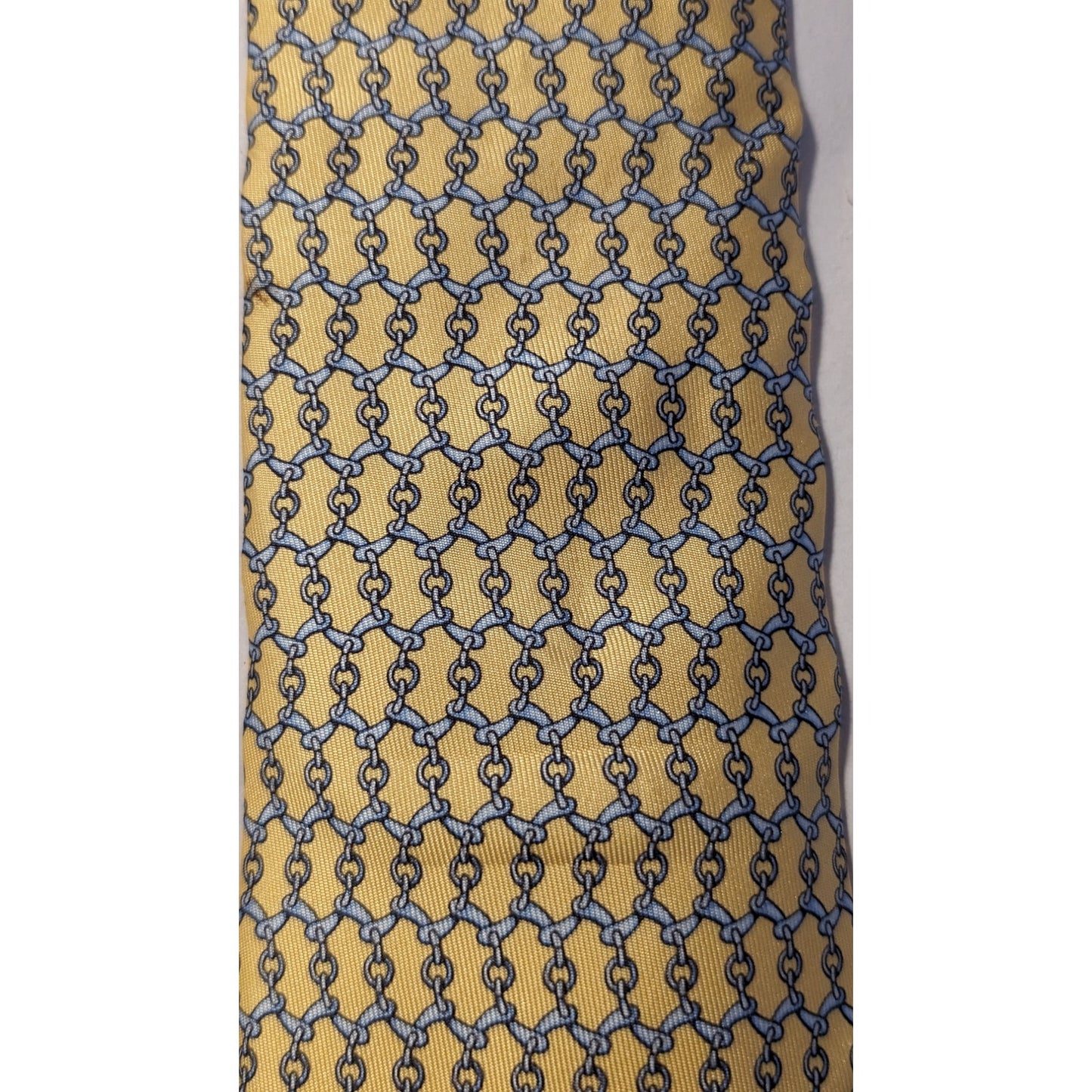 Hermes Paris Vintage 100% Silk Yellow Light Blue Chain Link Design Neck Tie