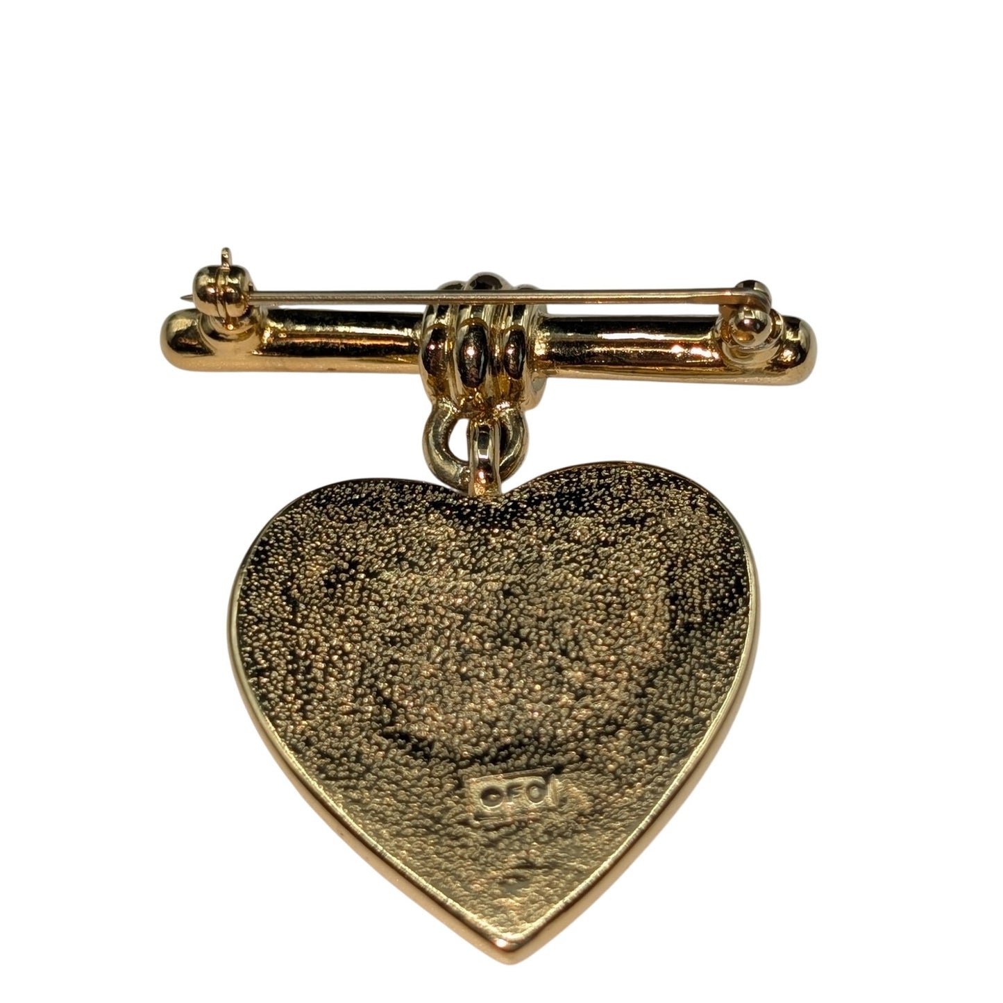 Vintage Signed FO Red Enamel Gold Tone Heart Dangle Brooch