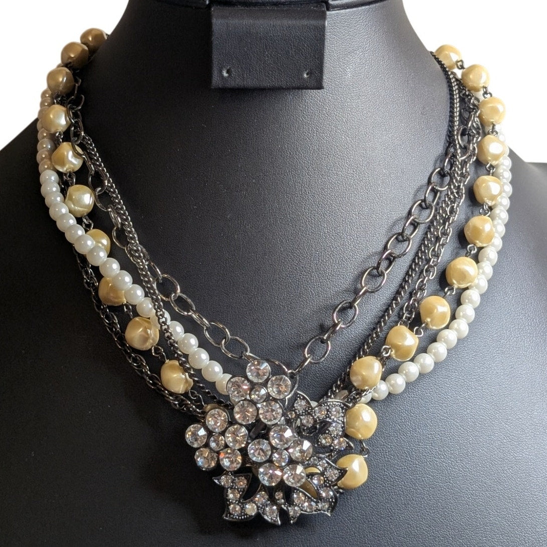 Express Layered Faux Pearl Rhinestone Flower Multi Chain Necklace