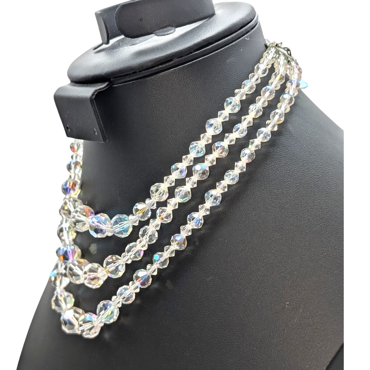 Vtg Graduated Three Strand Czech Faceted Clear & AB Crystal 13"-15.5" Necklace