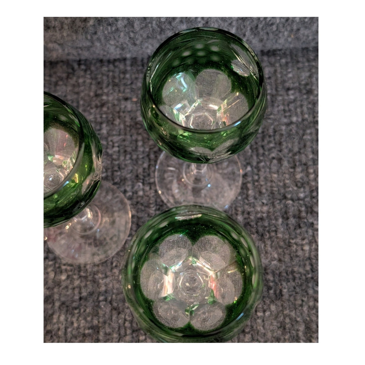 Vtg Czech Bohemian 3 Cranberry & 3 Green Cut to Clear Crystal Cordials Set of 6