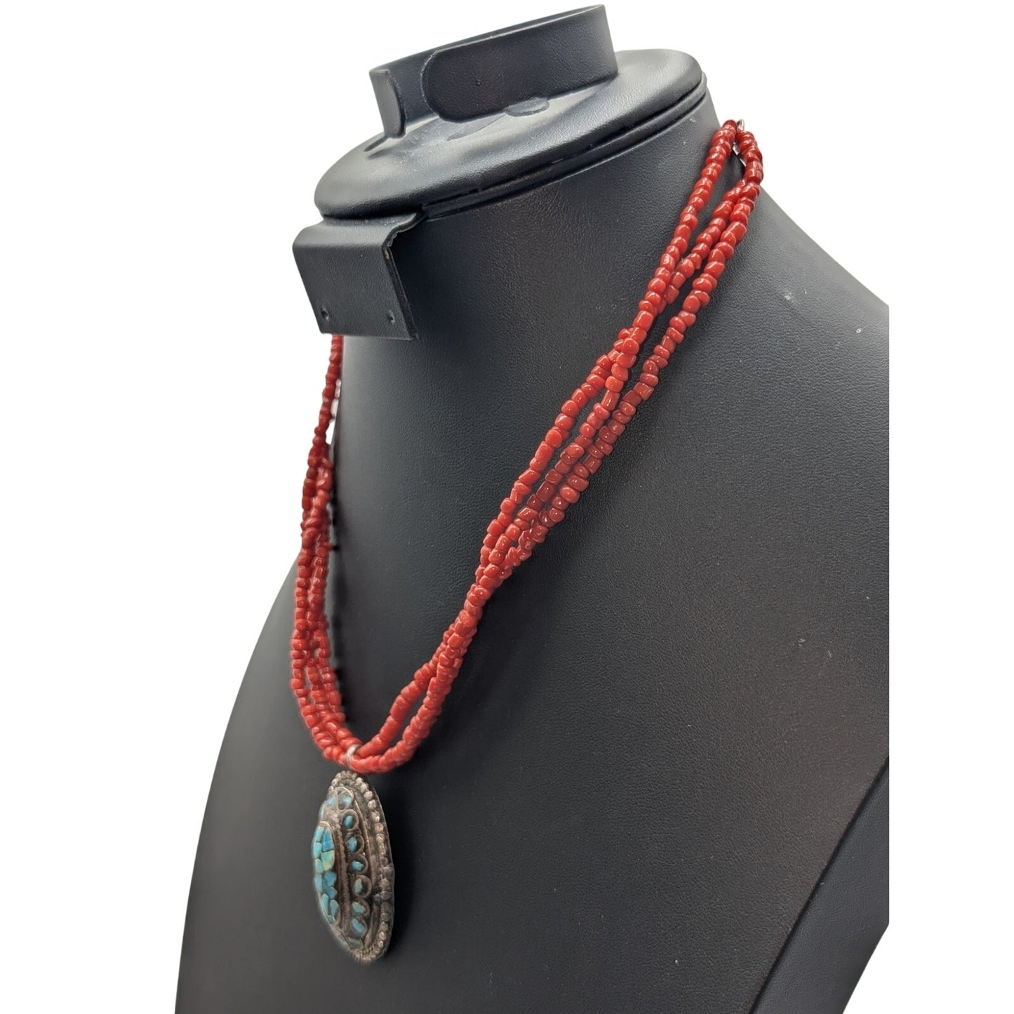 Vintage Red Glass Bead Signed ae Turquoise Chip Silver Tone Pendant Necklace
