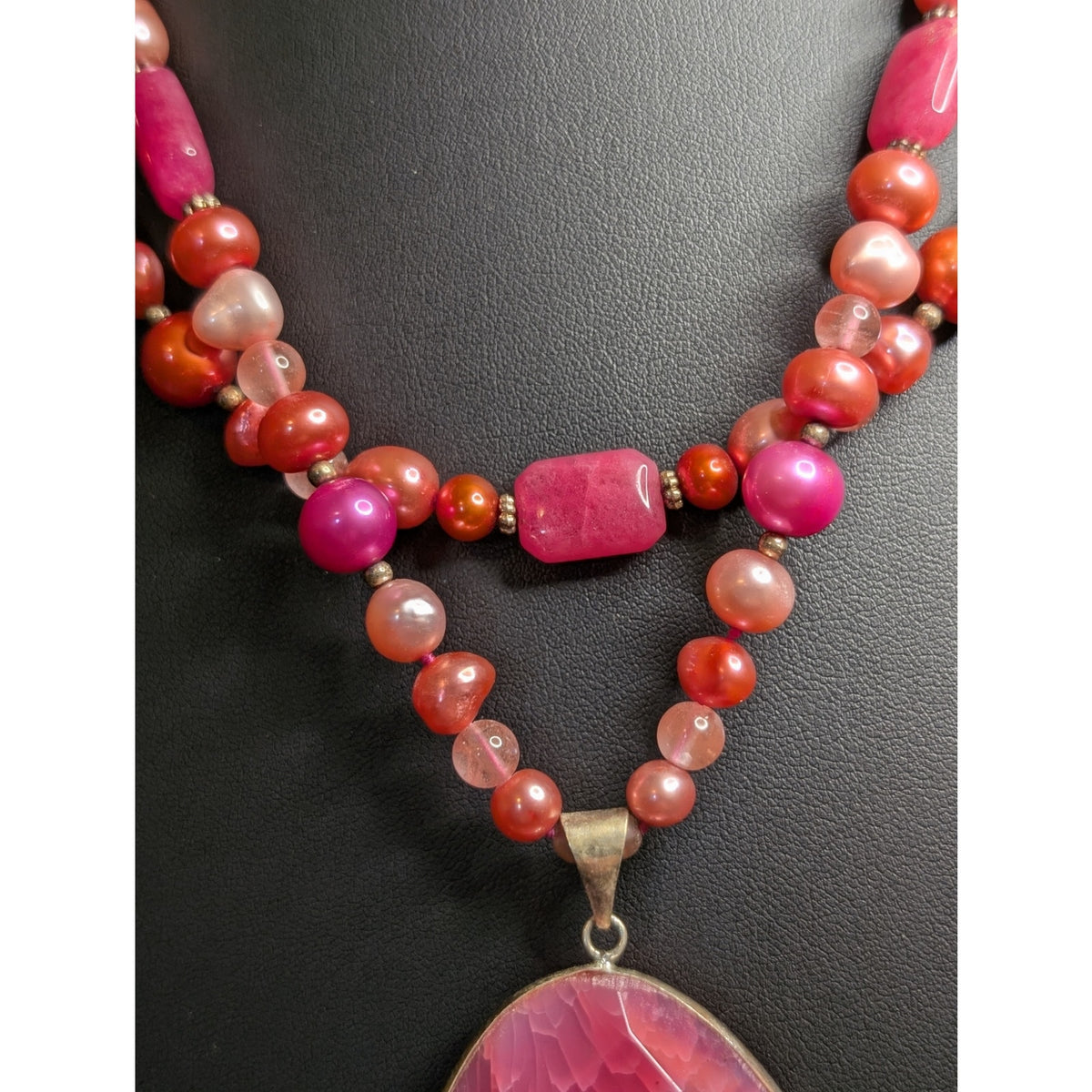 Double Strand Multi-Color Pearl Fuchsia Pink Rhodochrosite Pendant Necklace
