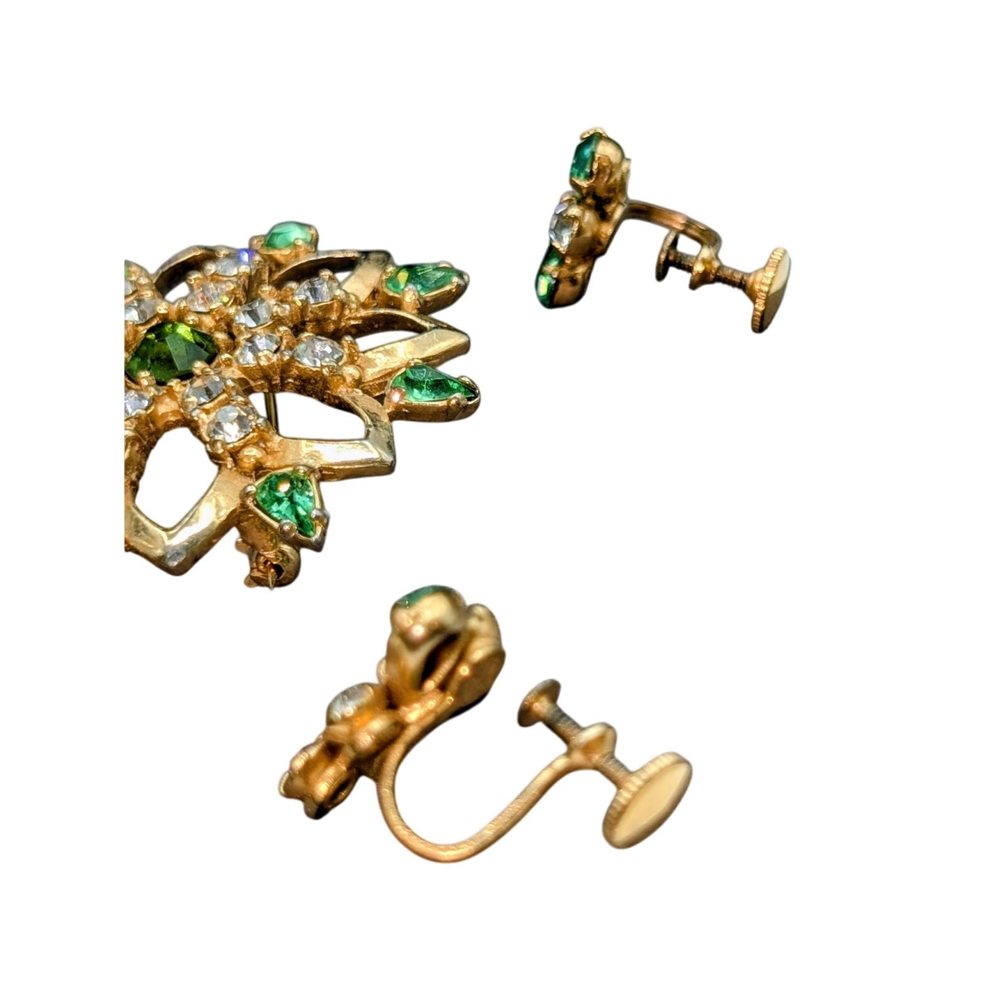 Vintage Green & Clear Rhinestone Gold Tone Brooch & Screw On Earrings