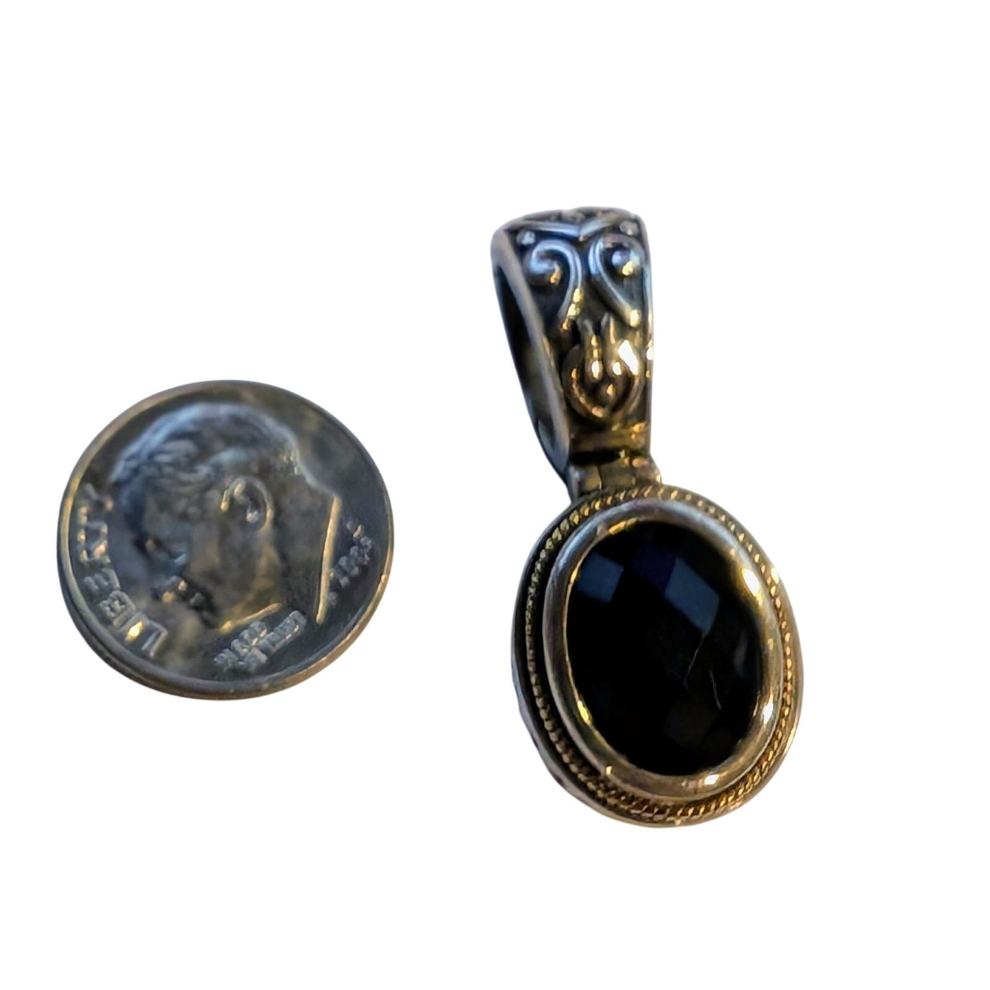 Vintage Faceted Black Onyx Sterling Silver 18K Gold Enhancer Pendant by Eleganza
