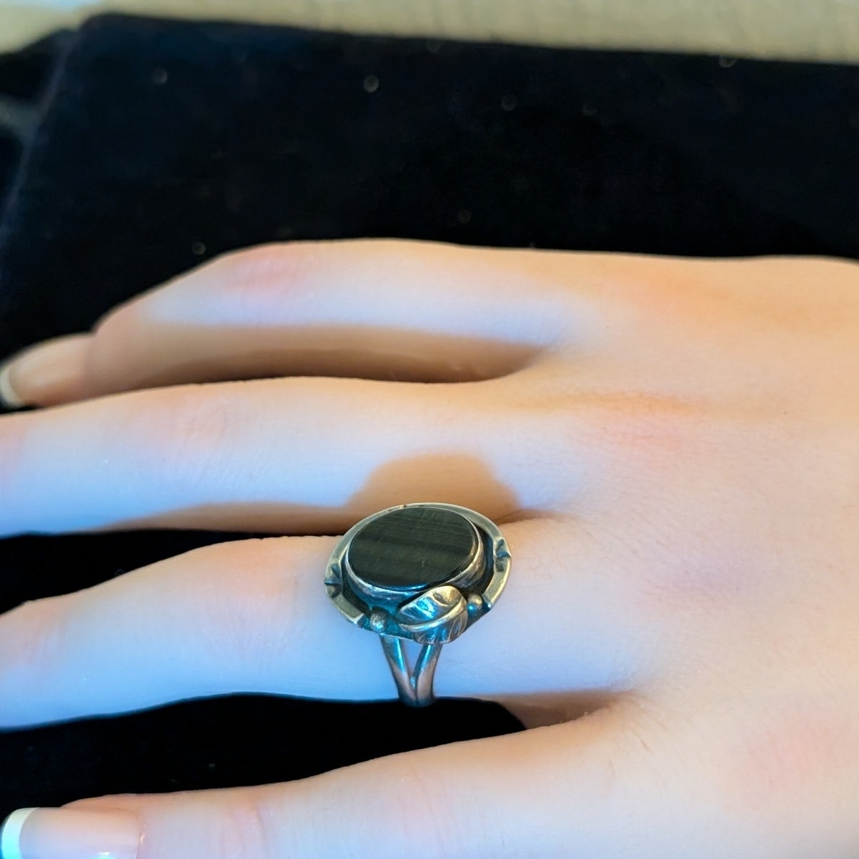 Vintage Signed GF15 Sterling Mexico Black Stone Native American Ring Size 6.5