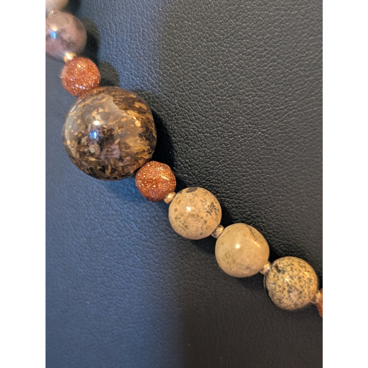 Jasper Agate Brown Stones & Goldstone Beaded Stone Flower 19.5" Necklace