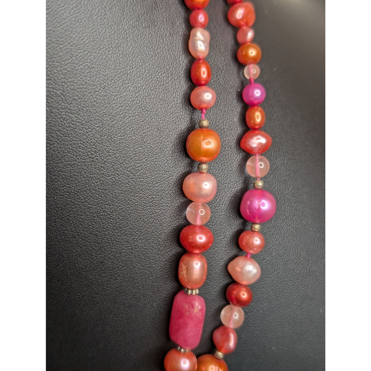 Double Strand Multi-Color Pearl Fuchsia Pink Rhodochrosite Pendant Necklace