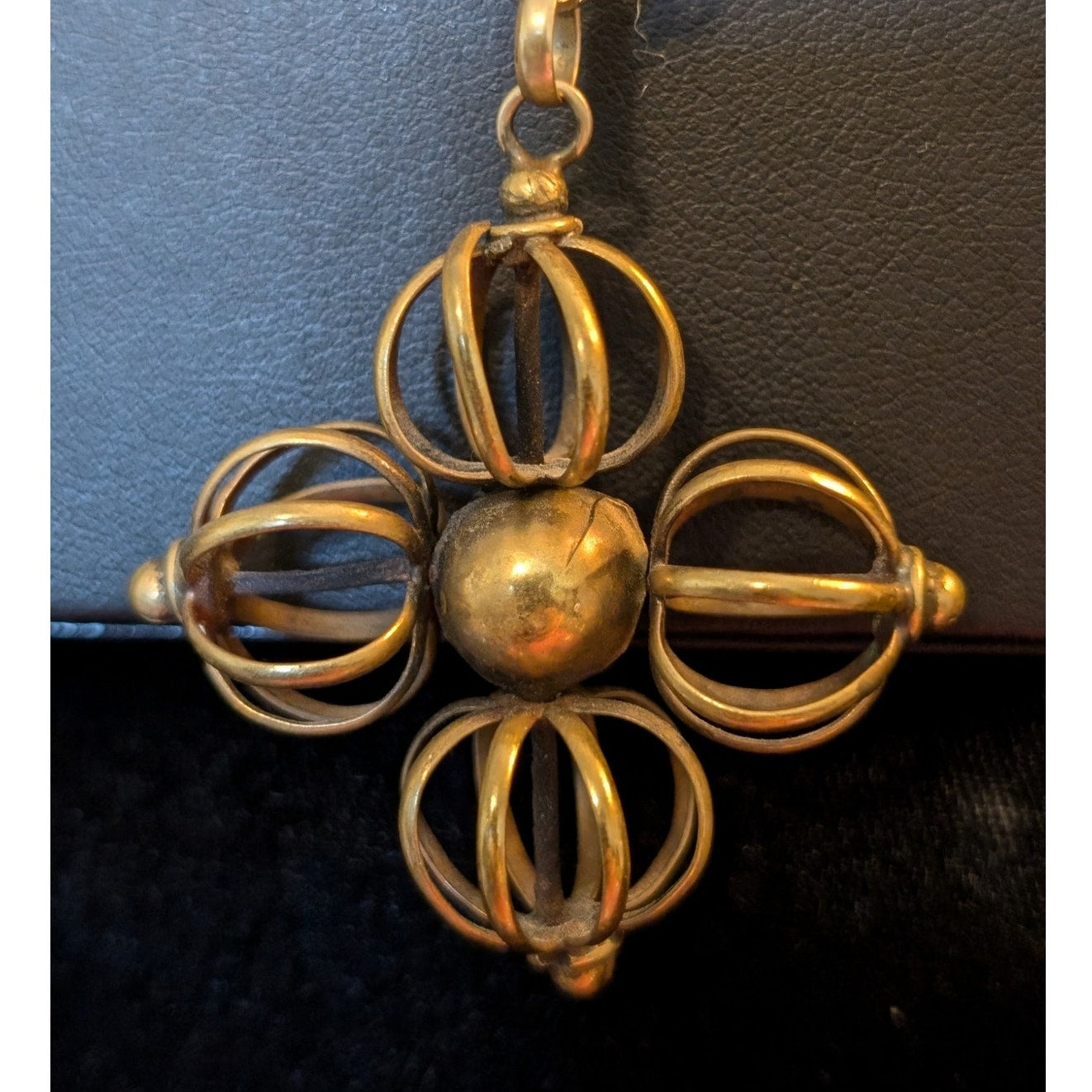 Vintage Bronze Cage Flower Pearl & Crystal Beads Rolo Link Long Boho Necklace