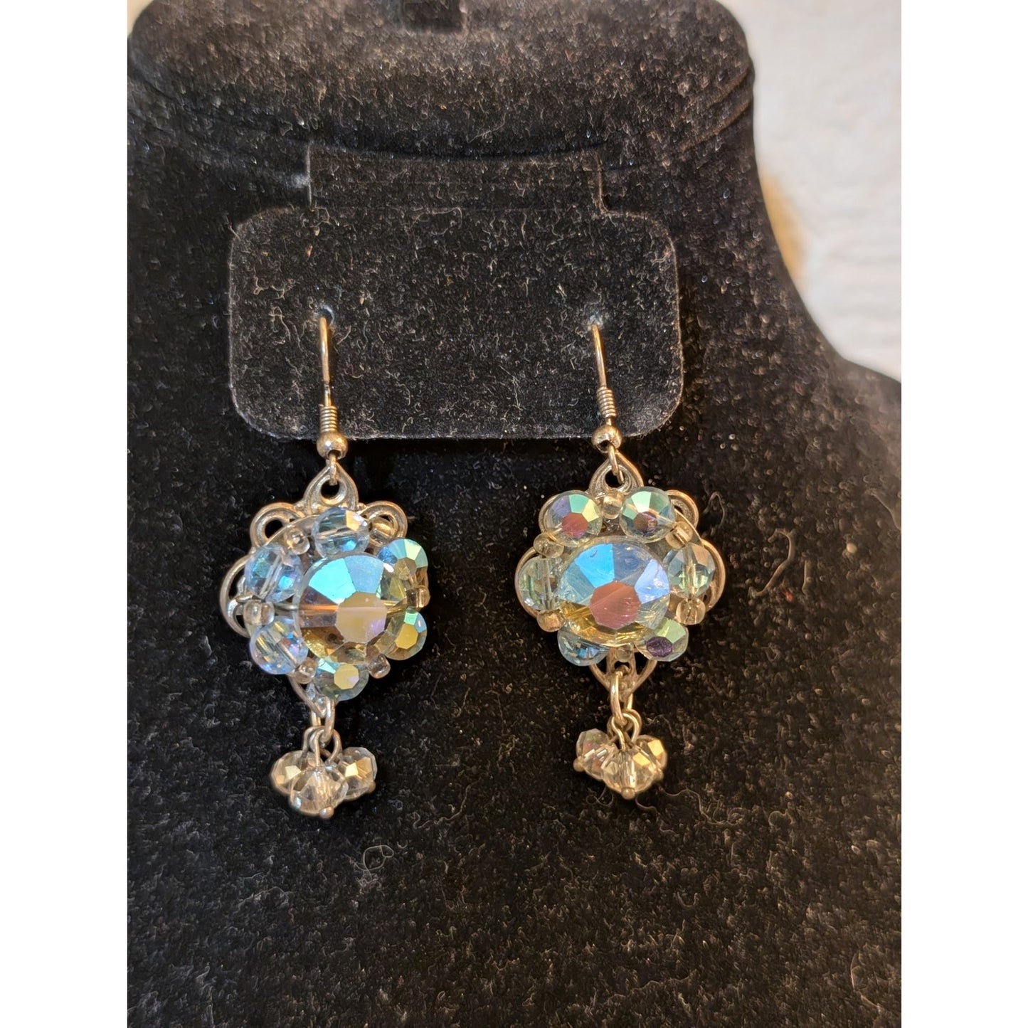 Vintage AB Crystal Three Clear Crystal Dangle Pierced Earrings