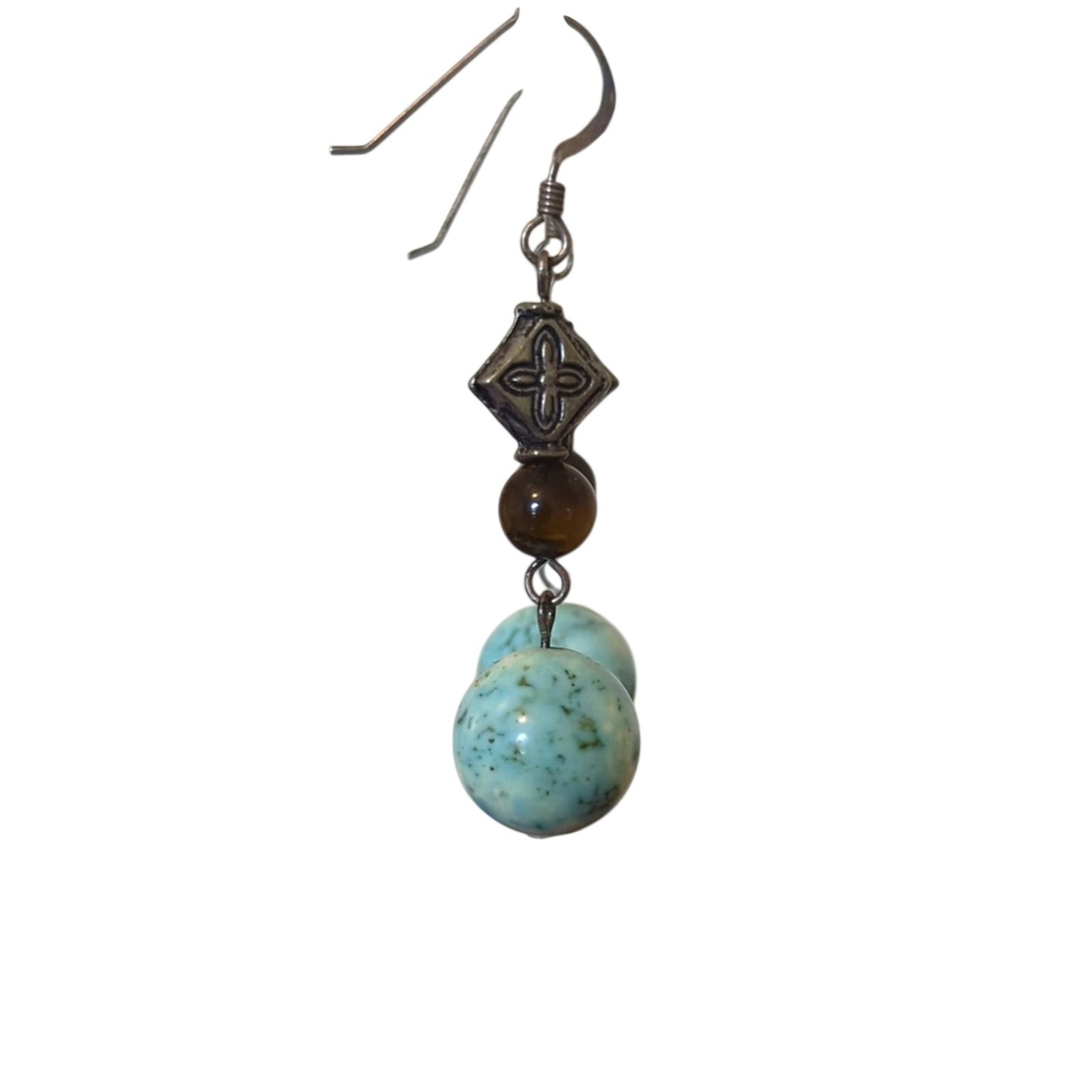 Silver Tone Two Stone Bead Dangle Earrings
