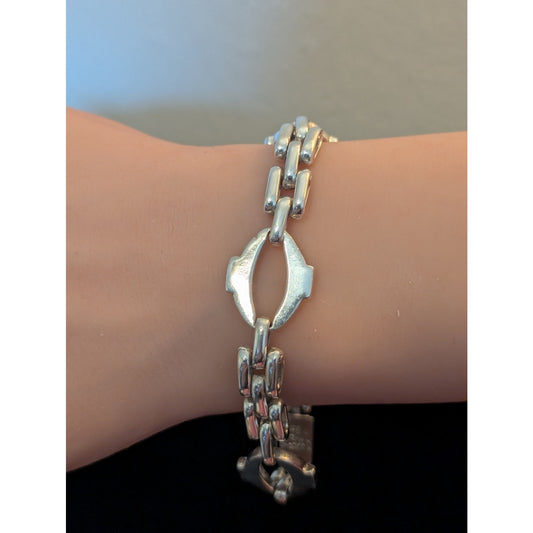 VTG Mexico Sterling Silver Panther Oval Link Solid Box W/ Tongue Chain Bracelet