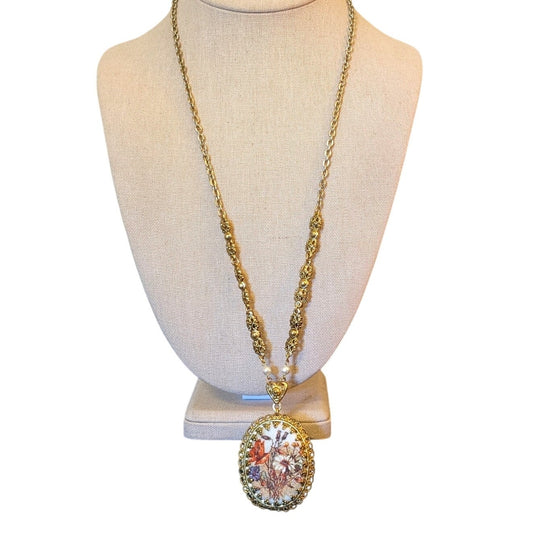 West Germany Vintage 60s Floral Print Sugar Glass Pendant Filigree 25" Necklace