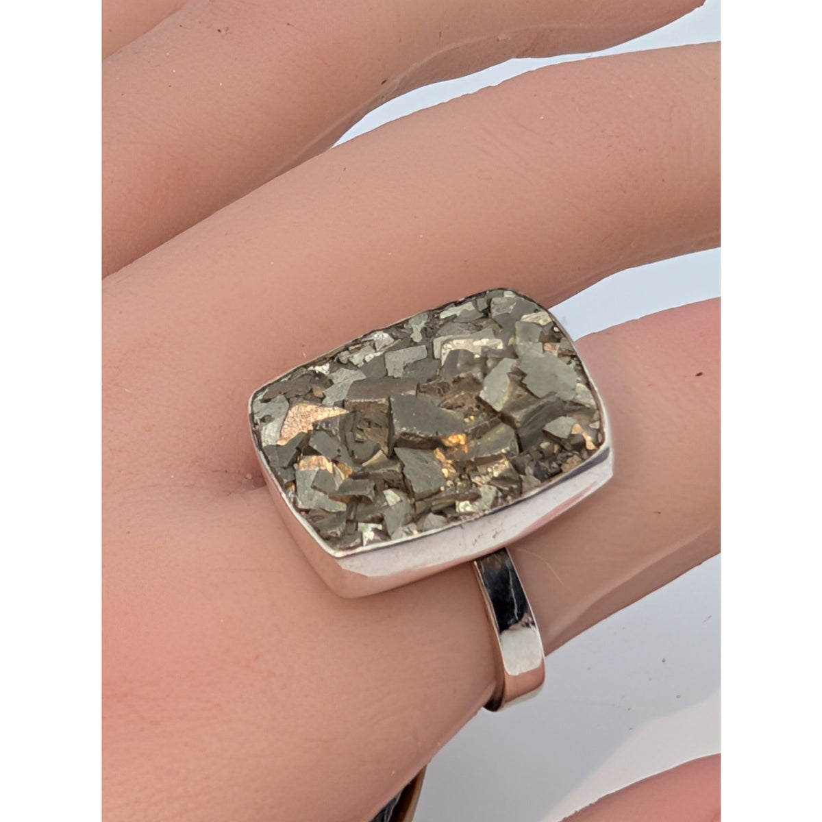 Vintage Chunky Raw Pyrite Druzy 925 Sterling Silver Boho Statement Ring Size 8