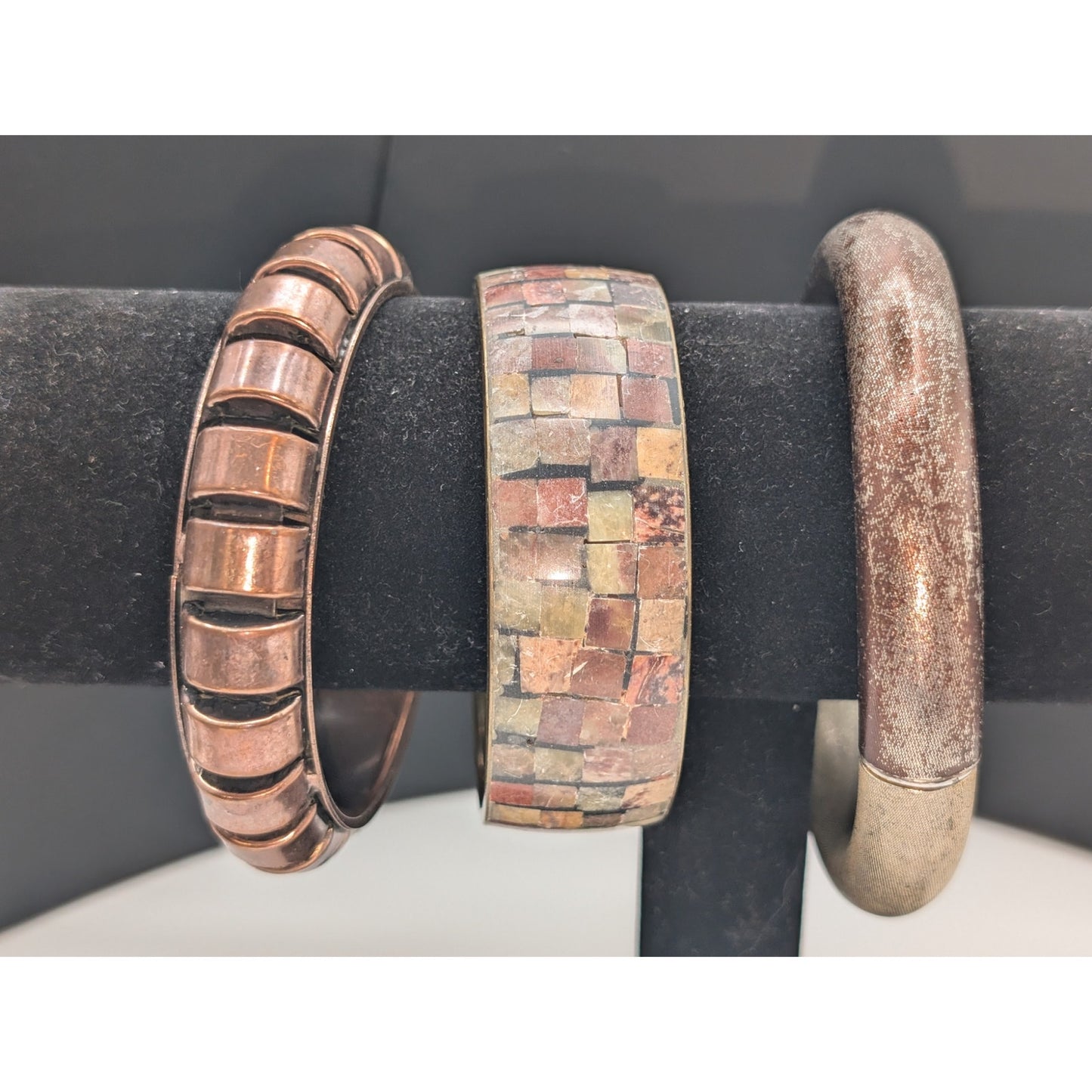 Lot of Three Vintage Metal Stone Inlay Bangle Bracelets