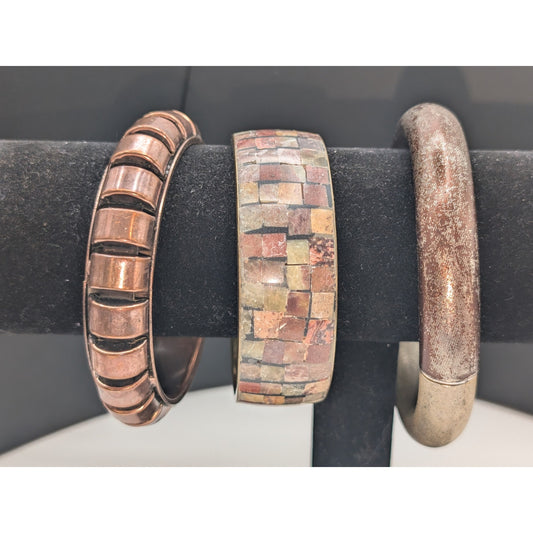 Lot of Three Vintage Metal Stone Inlay Bangle Bracelets