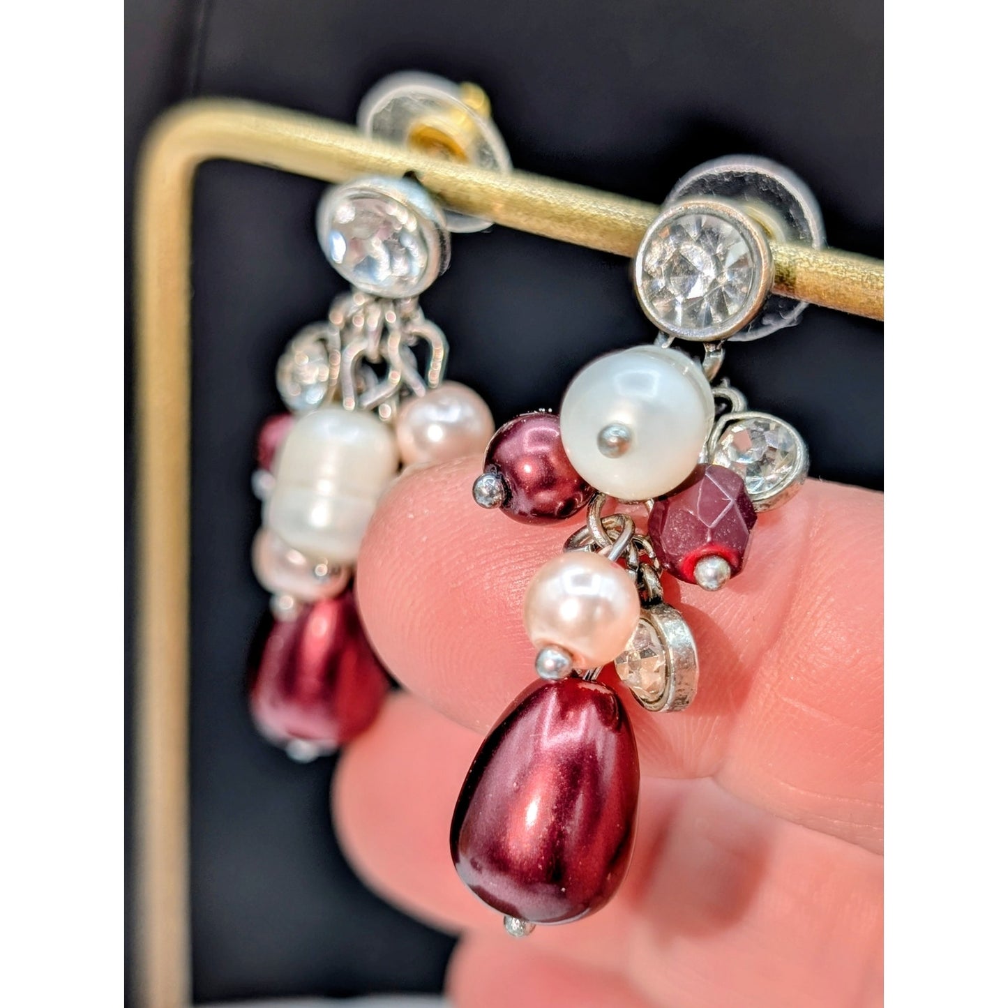 Maroon Pink White Faux Pearl Rhinestone Cluster Dangle Earrings