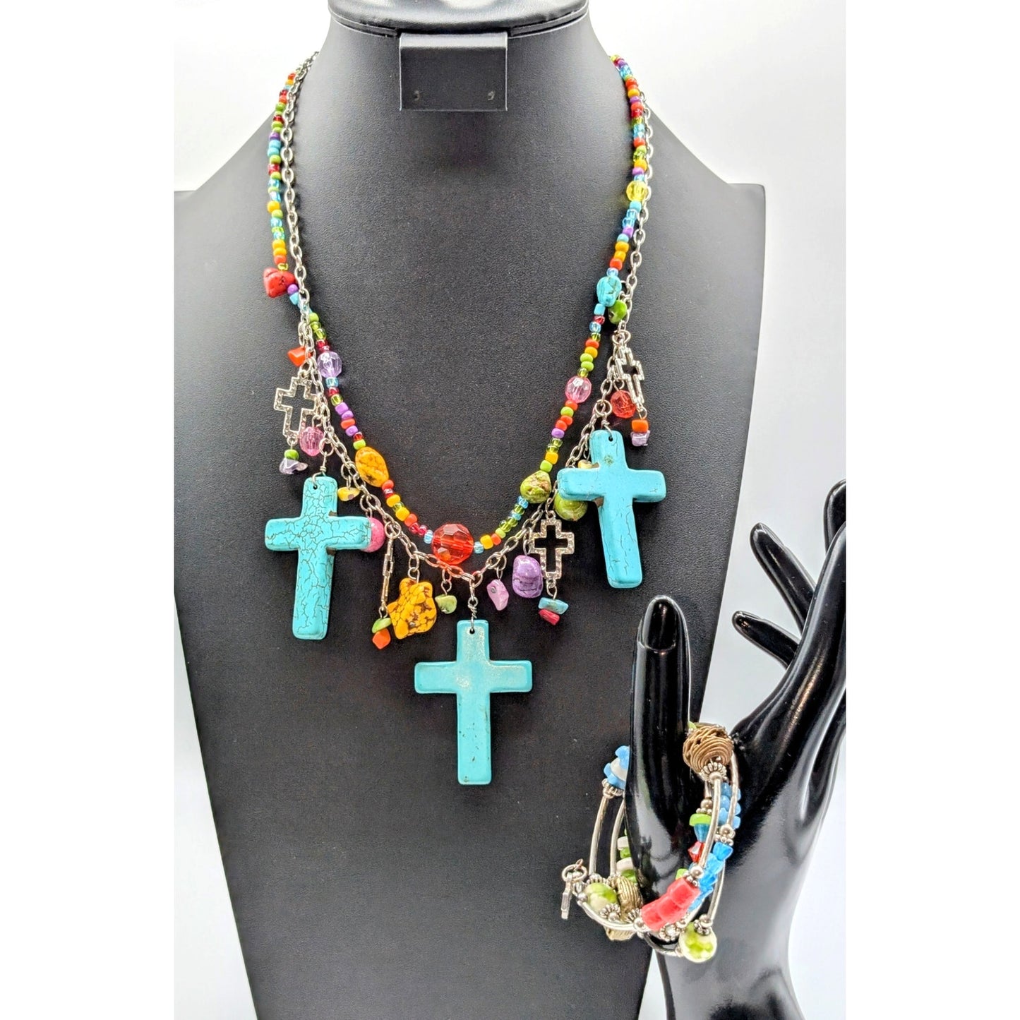 Howlite Multi-Color Beaded Dangling Crosses Necklace & Kairos Wire Wrap Bracelet