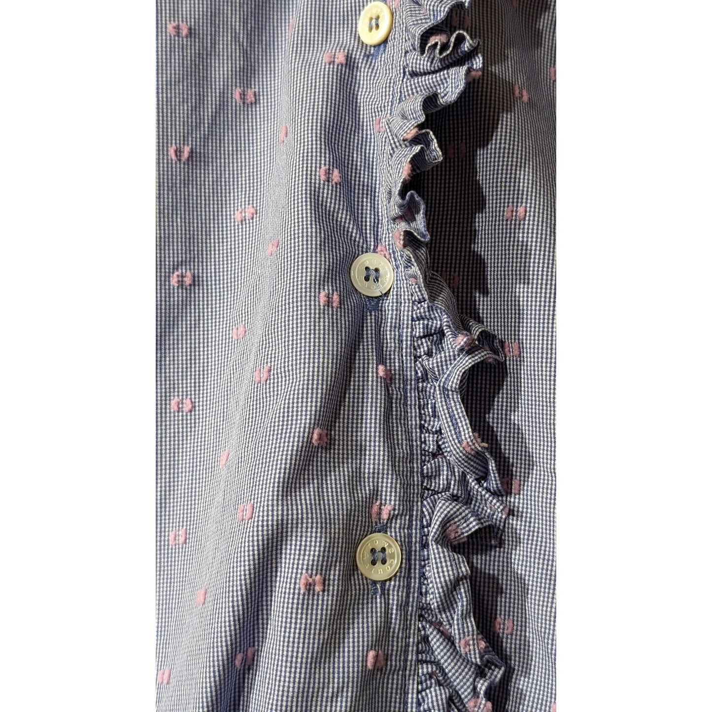 Court & Rowe Blue W/ Pink Dot Embroidered Ruffle Button Up Blouse Womens Sz S