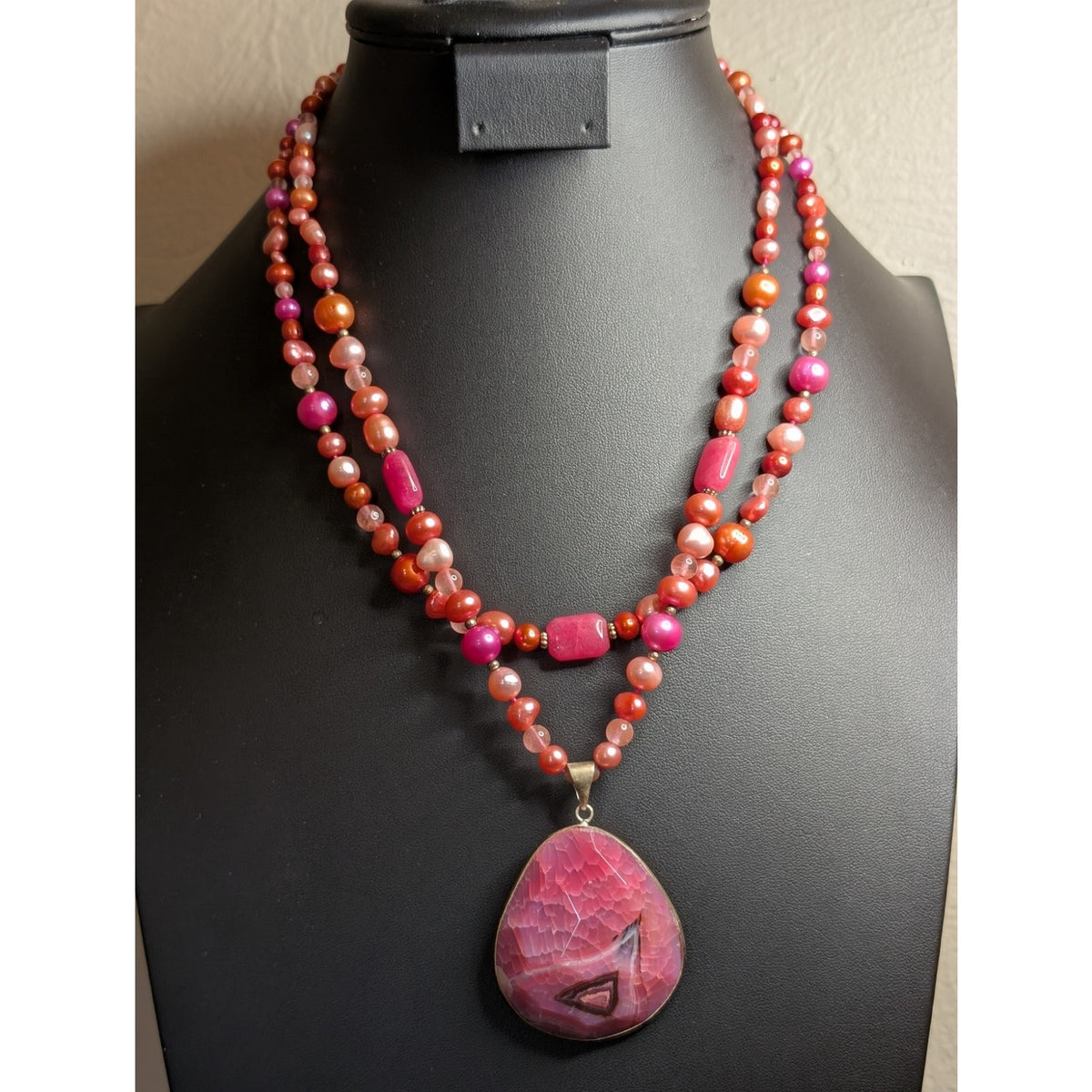Double Strand Multi-Color Pearl Fuchsia Pink Rhodochrosite Pendant Necklace
