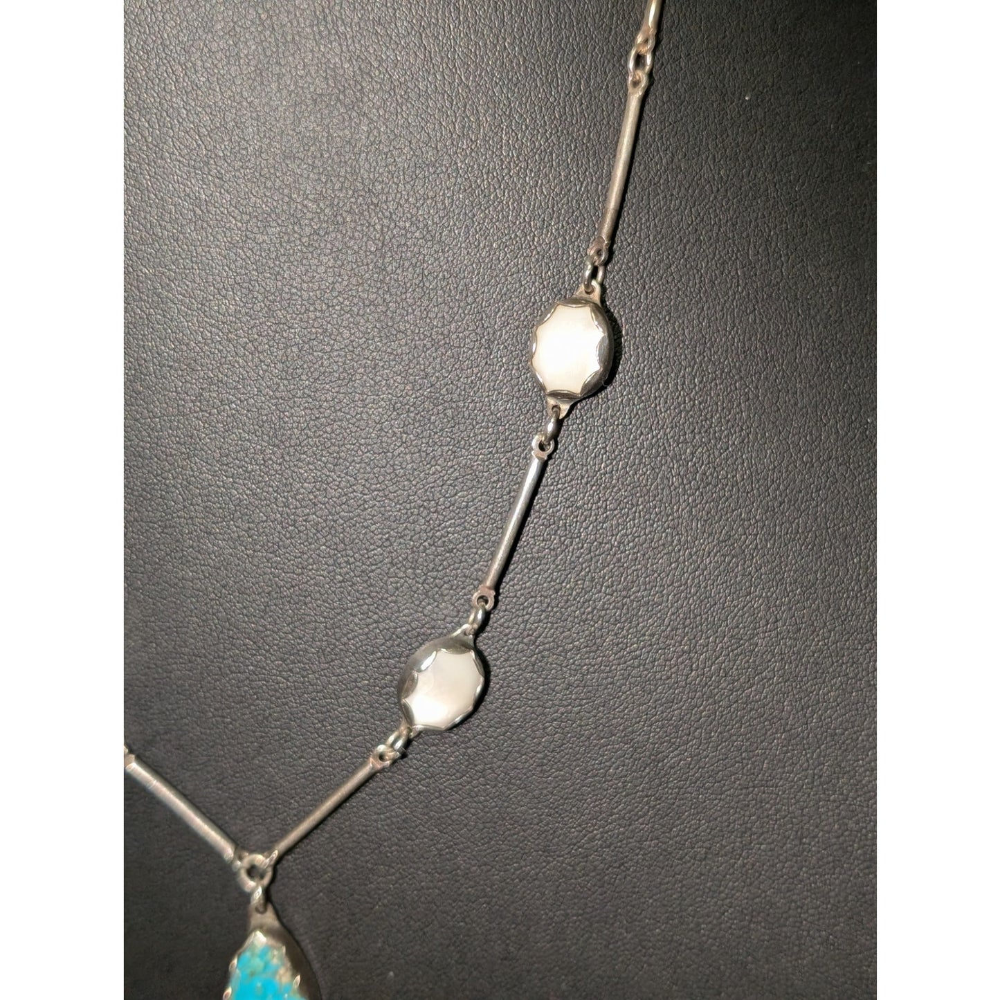 Vtg Sterling Signed Hand Set Turquoise & Mother of Pearl Bar Chain Drop Necklace